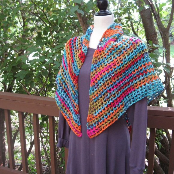 Boho Shawl Scarf Bohemian Accessories Multi Colored Shoulder Wrap Hand Crochet - Picture 5 of 7